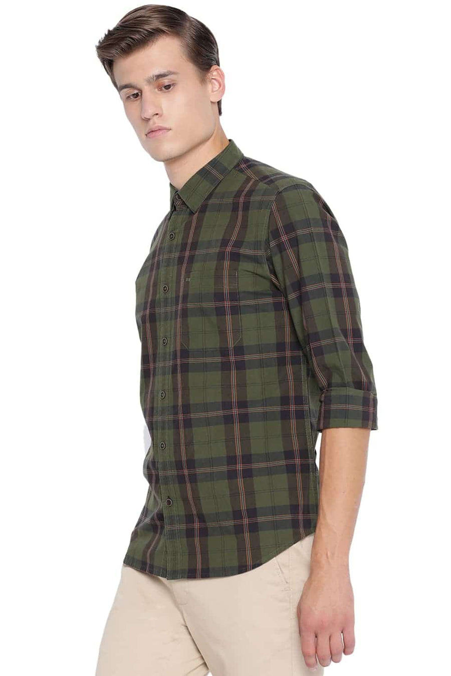BASICS SLIM FIT CHIVE GREEN CHECKS SHIRT