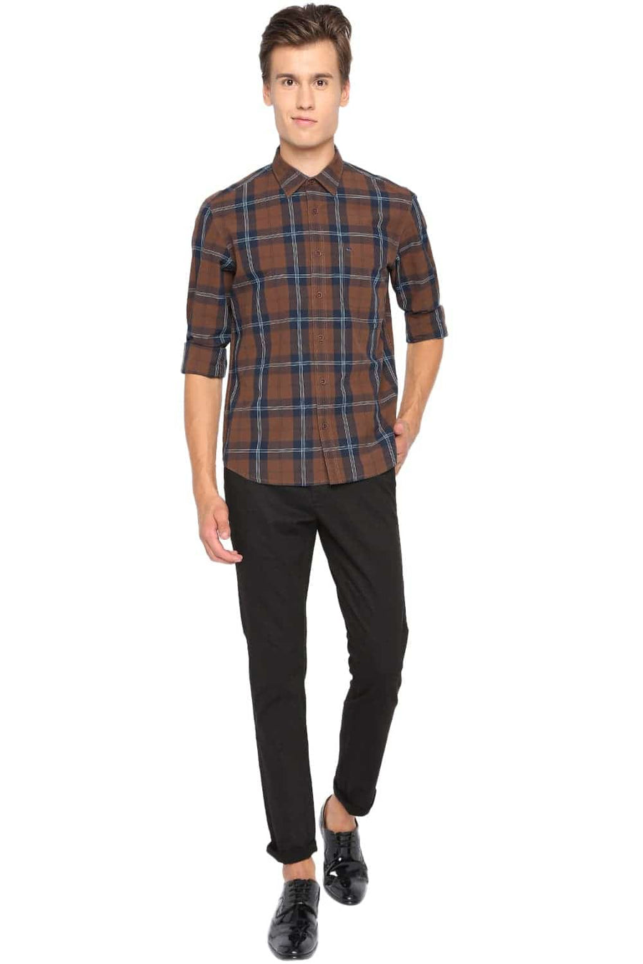 BASICS SLIM FIT SEPIA BROWN CHECKS SHIRT