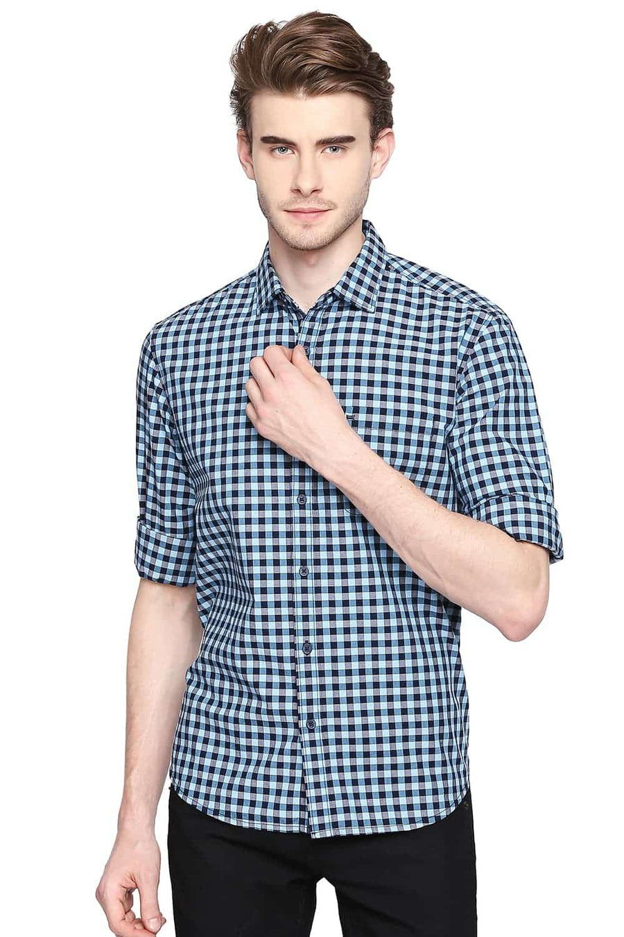 BASICS SLIM FIT ALASKAN BLUE CHECKS SHIRT
