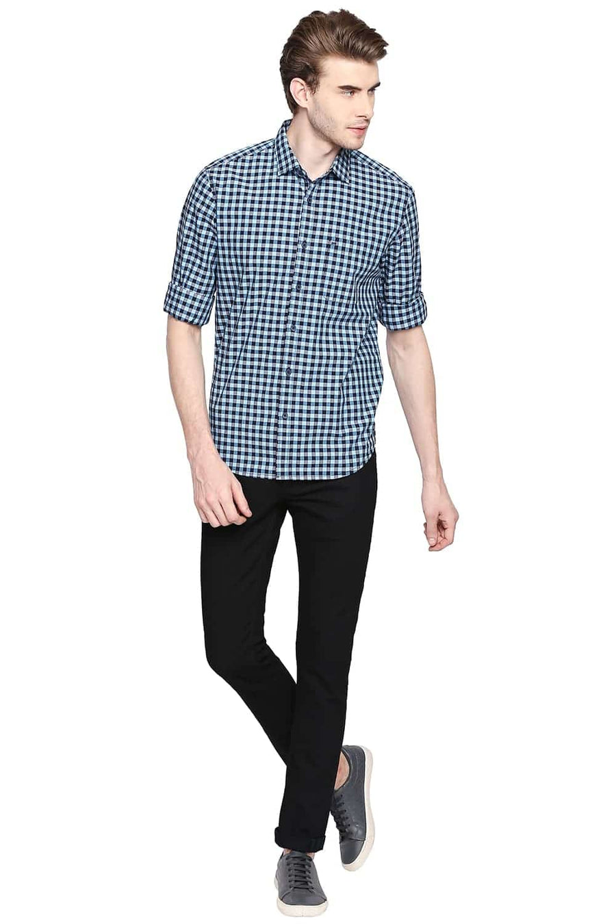 BASICS SLIM FIT ALASKAN BLUE CHECKS SHIRT
