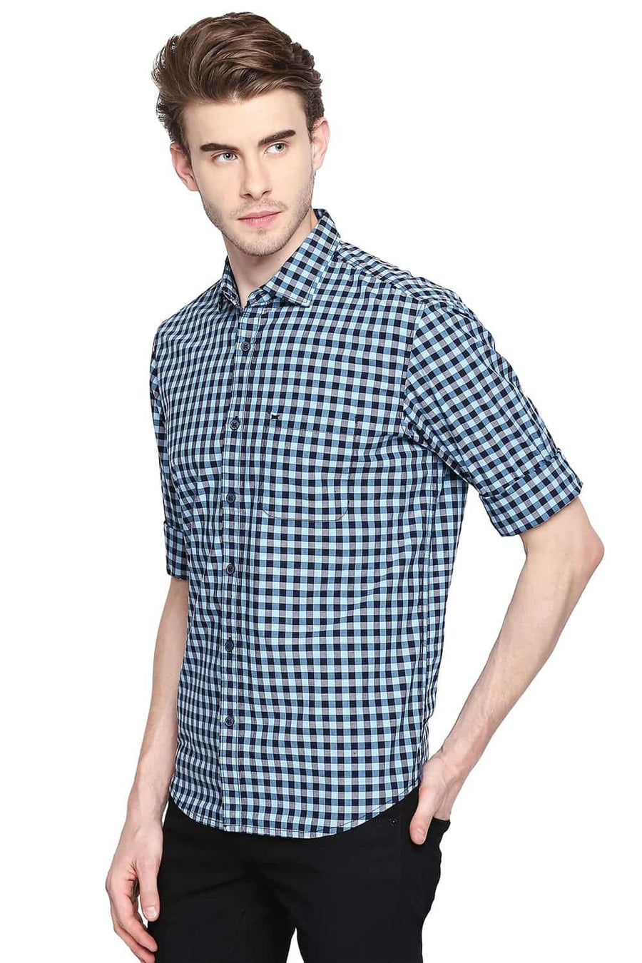 BASICS SLIM FIT ALASKAN BLUE CHECKS SHIRT