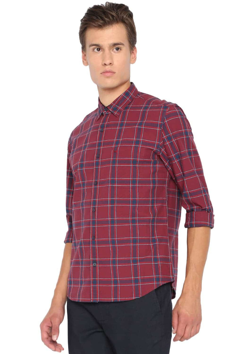 BASICS SLIM FIT RUBY RED CHECKS SHIRT