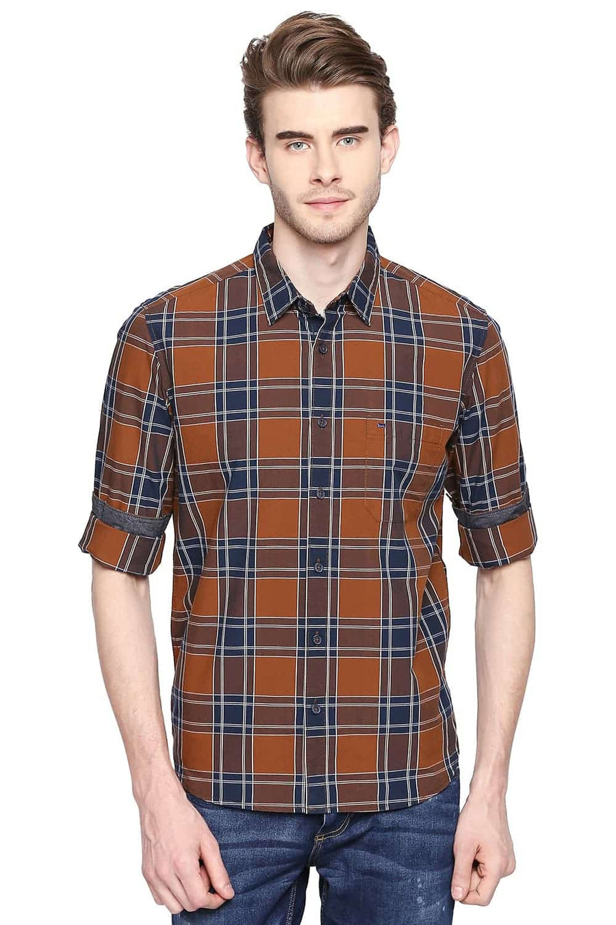 BASICS SLIM FIT CHIPMUNK BROWN CHECKS SHIRT