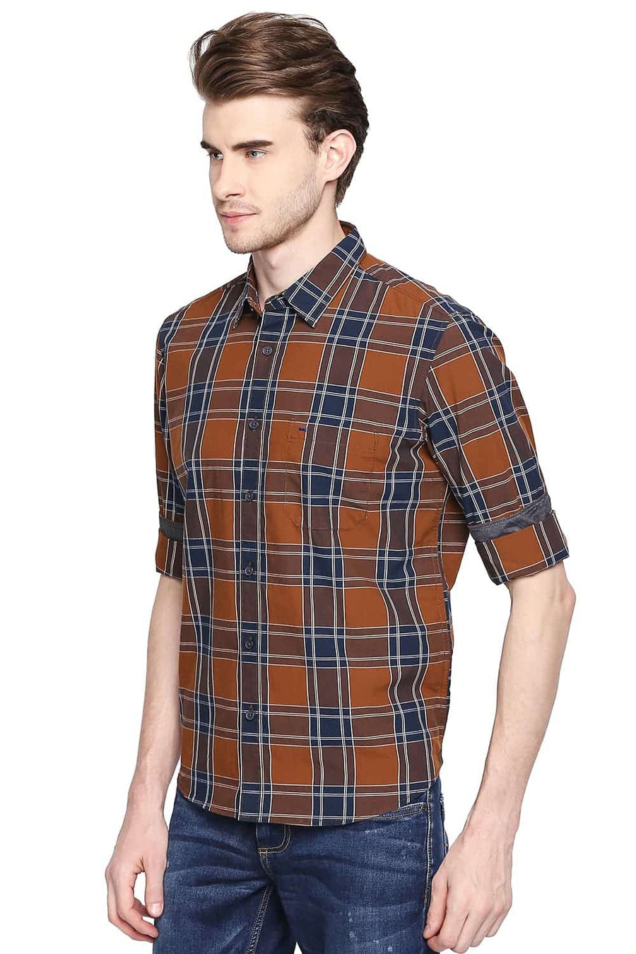 BASICS SLIM FIT CHIPMUNK BROWN CHECKS SHIRT
