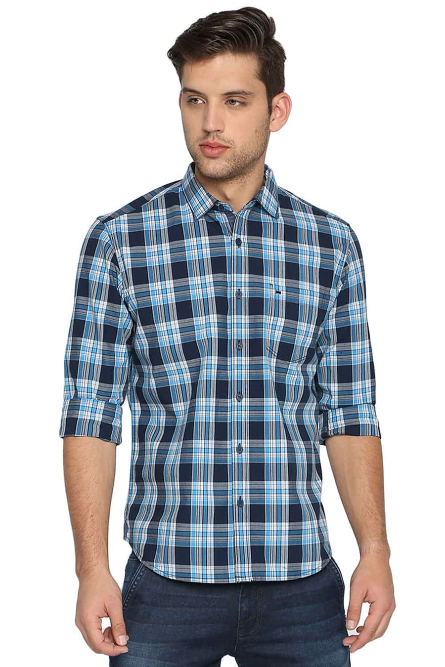 BASICS SLIM FIT CENDRE BLUE CHECKS SHIRT