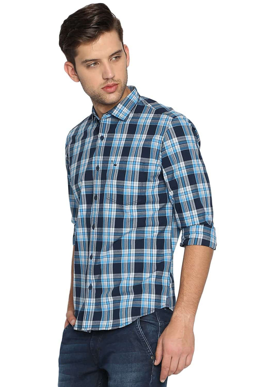 BASICS SLIM FIT CENDRE BLUE CHECKS SHIRT