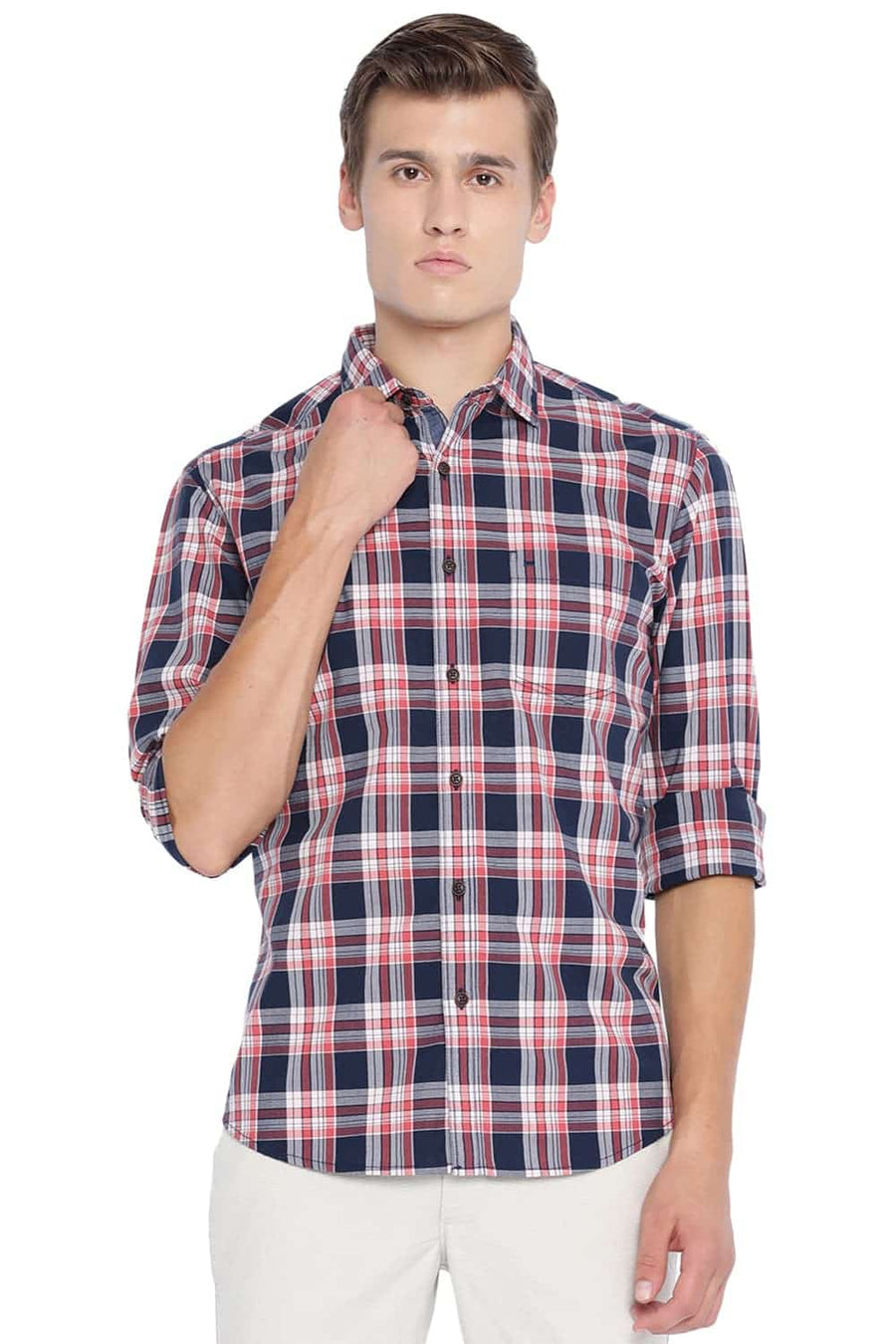 BASICS SLIM FIT CHILI ORANGE CHECKS SHIRT