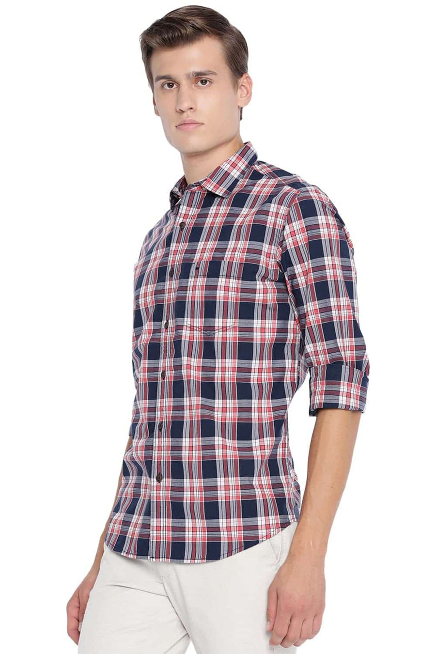 BASICS SLIM FIT CHILI ORANGE CHECKS SHIRT