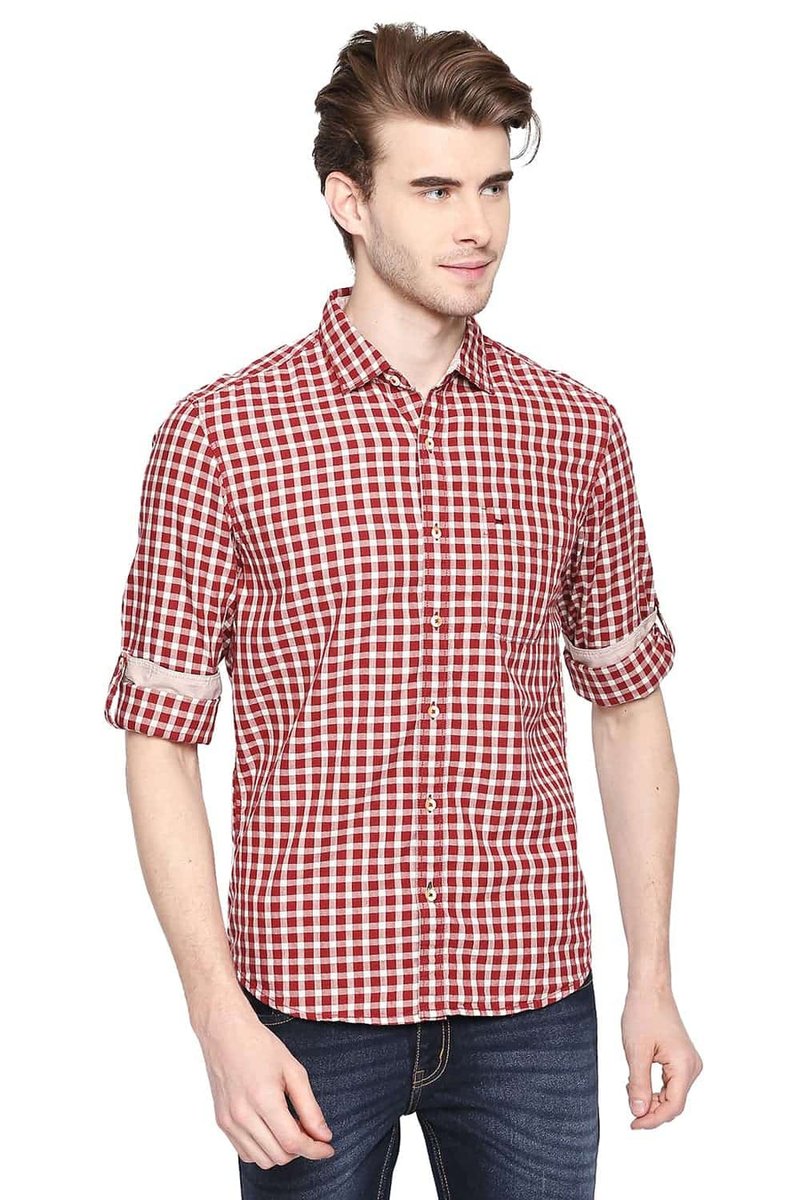 BASICS SLIM FIT TANGO RED CHECKS SHIRT