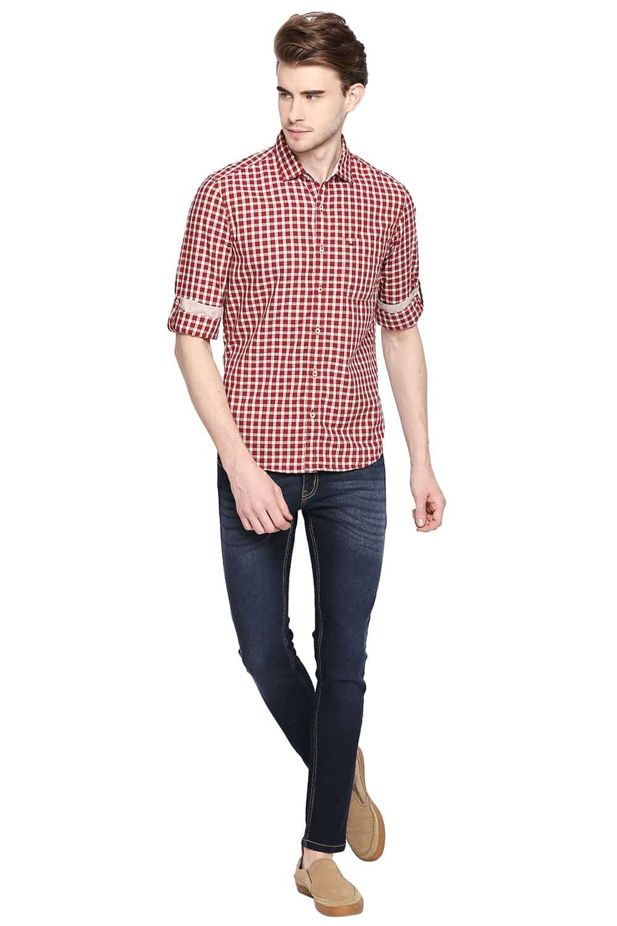 BASICS SLIM FIT TANGO RED CHECKS SHIRT