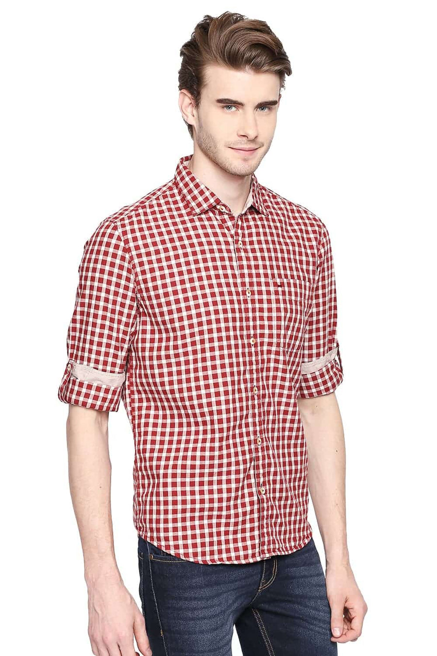 BASICS SLIM FIT TANGO RED CHECKS SHIRT