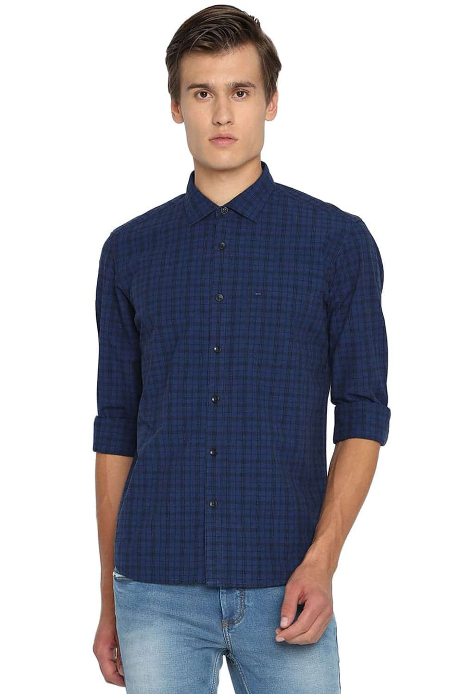 BASICS SLIM FIT MEDIEVAL NAVY CHECKS SHIRT