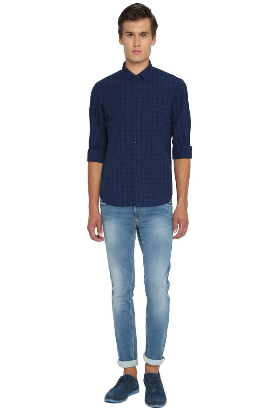 BASICS SLIM FIT MEDIEVAL NAVY CHECKS SHIRT