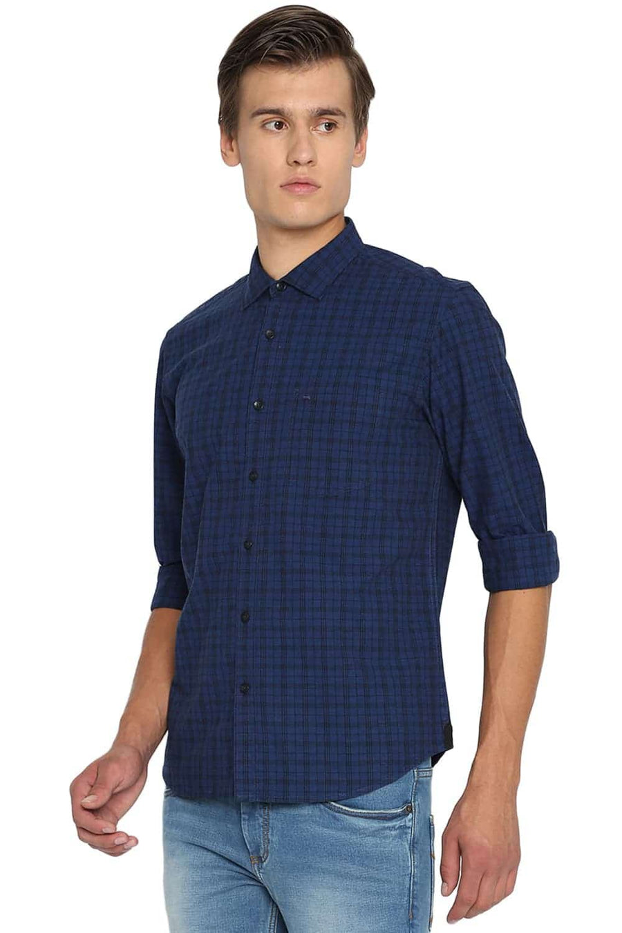 BASICS SLIM FIT MEDIEVAL NAVY CHECKS SHIRT