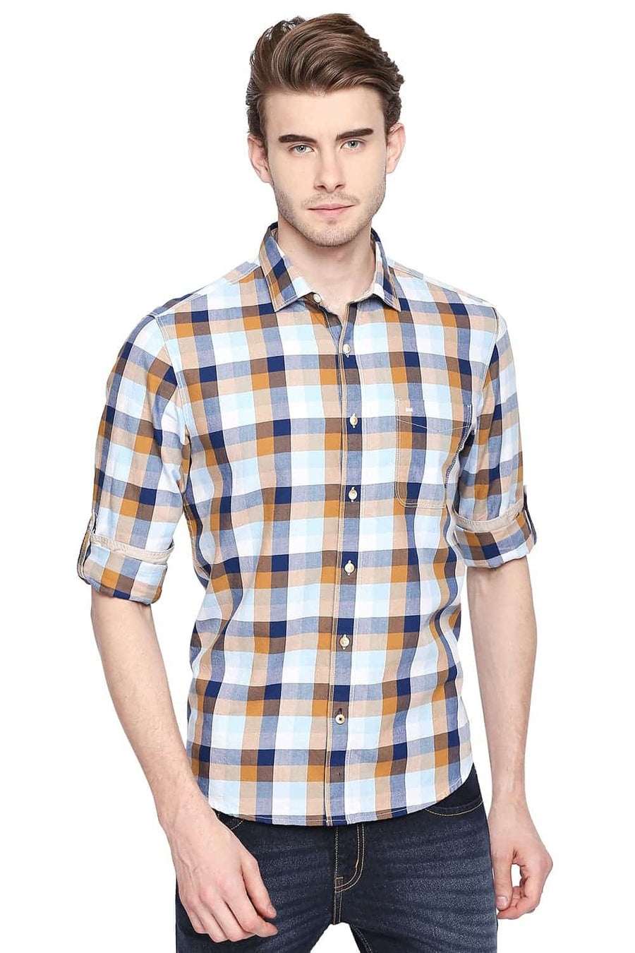 BASICS SLIM FIT SKY BLUE CHECKS SHIRT