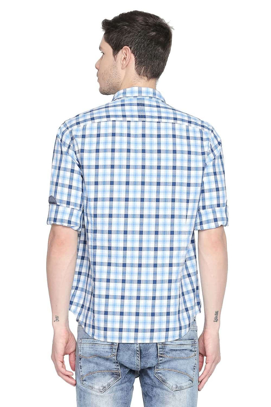 BASICS SLIM FIT AZURE BLUE CHECKS SHIRT