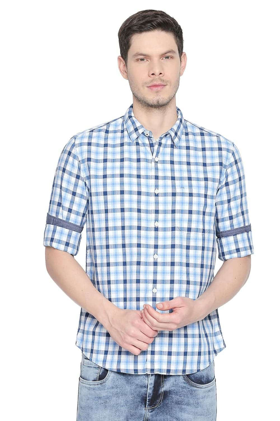 BASICS SLIM FIT AZURE BLUE CHECKS SHIRT