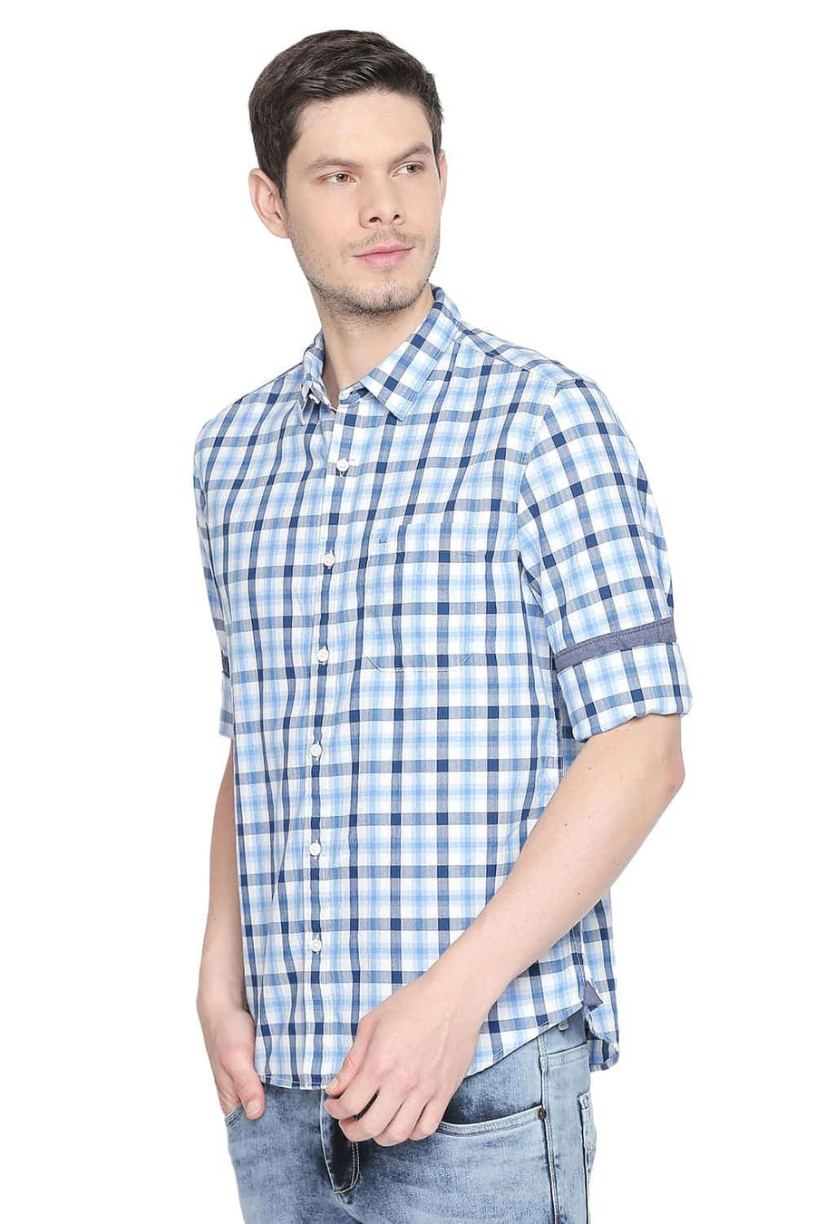 BASICS SLIM FIT AZURE BLUE CHECKS SHIRT