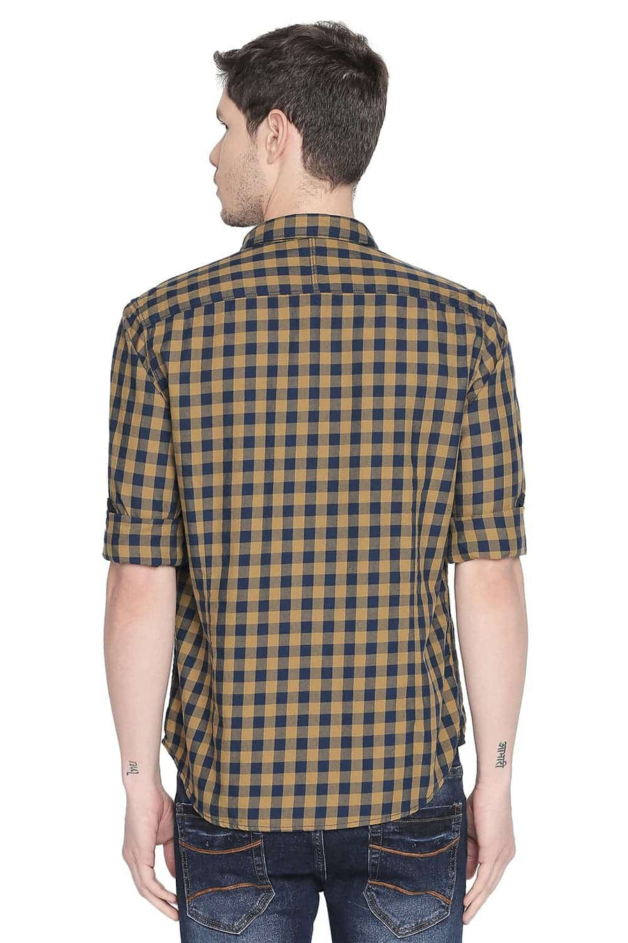 BASICS SLIM FIT TOBACCO OLIVE CHECKS SHIRT