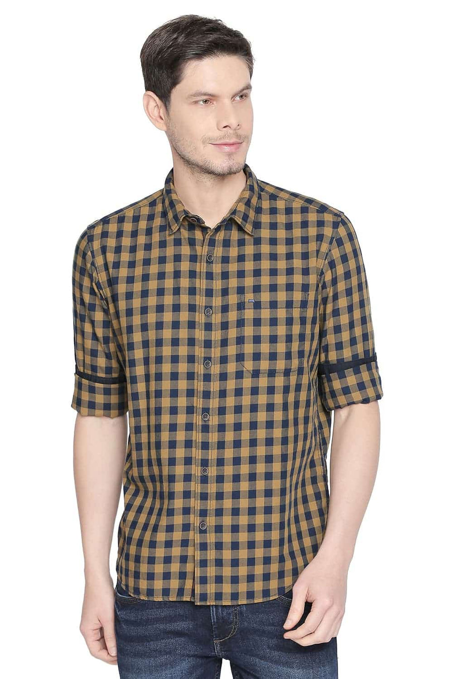 BASICS SLIM FIT TOBACCO OLIVE CHECKS SHIRT