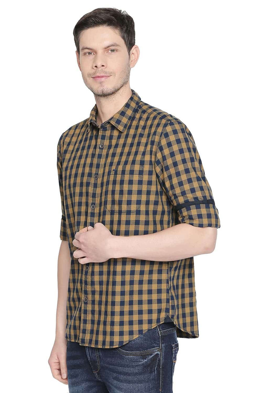 BASICS SLIM FIT TOBACCO OLIVE CHECKS SHIRT