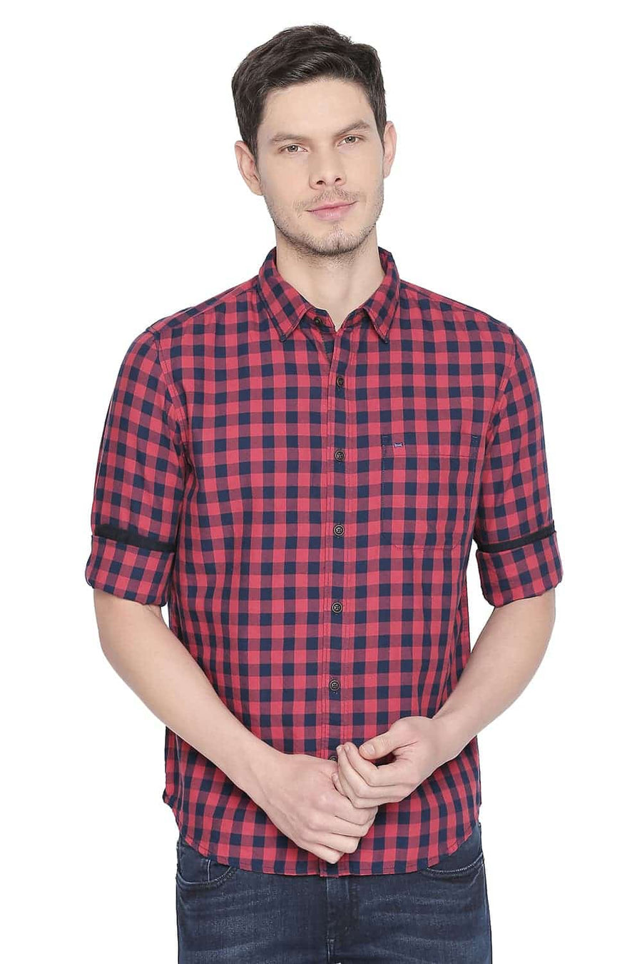BASICS SLIM FIT TOMATO RED CHECKS SHIRT