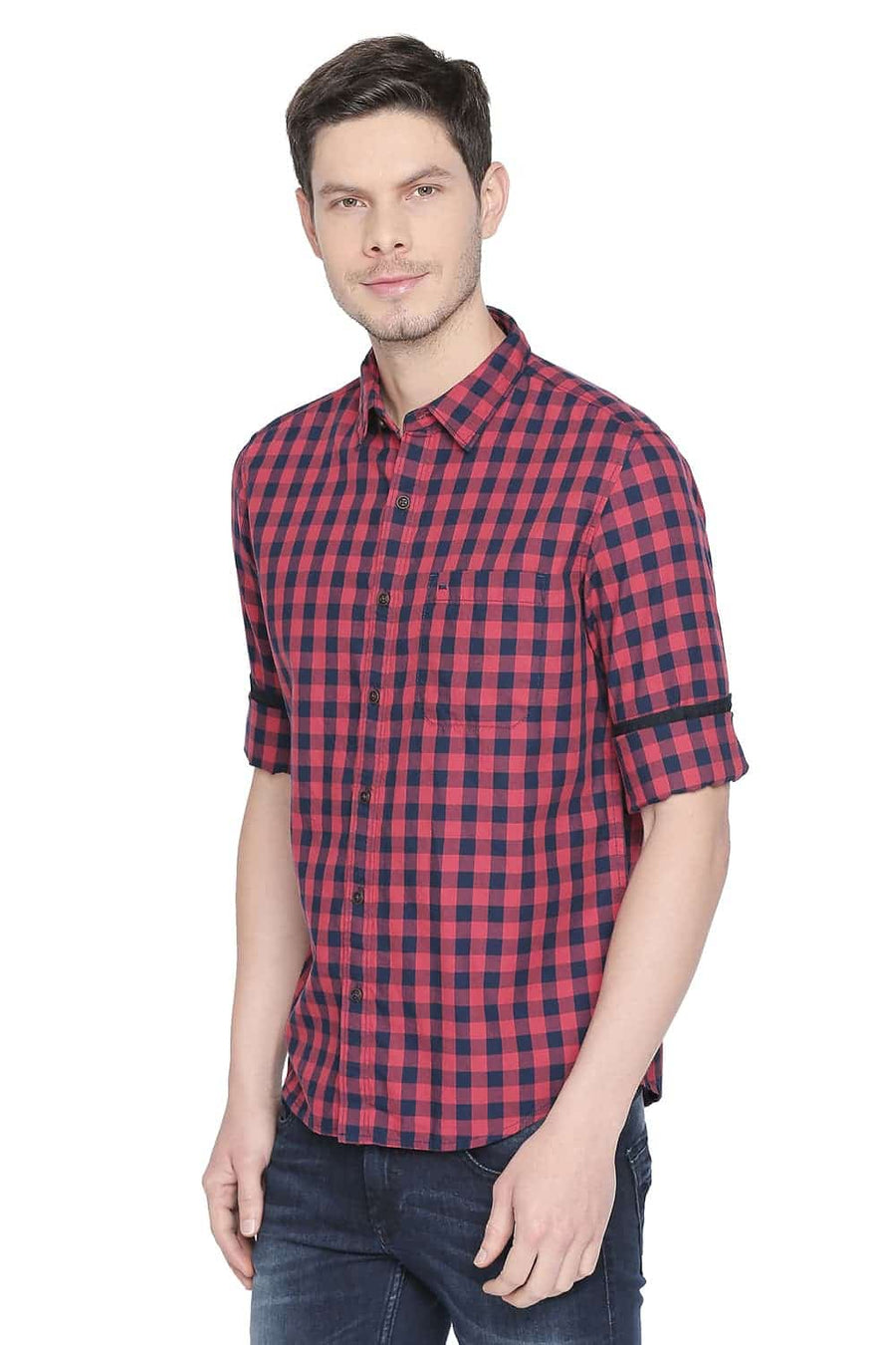 BASICS SLIM FIT TOMATO RED CHECKS SHIRT
