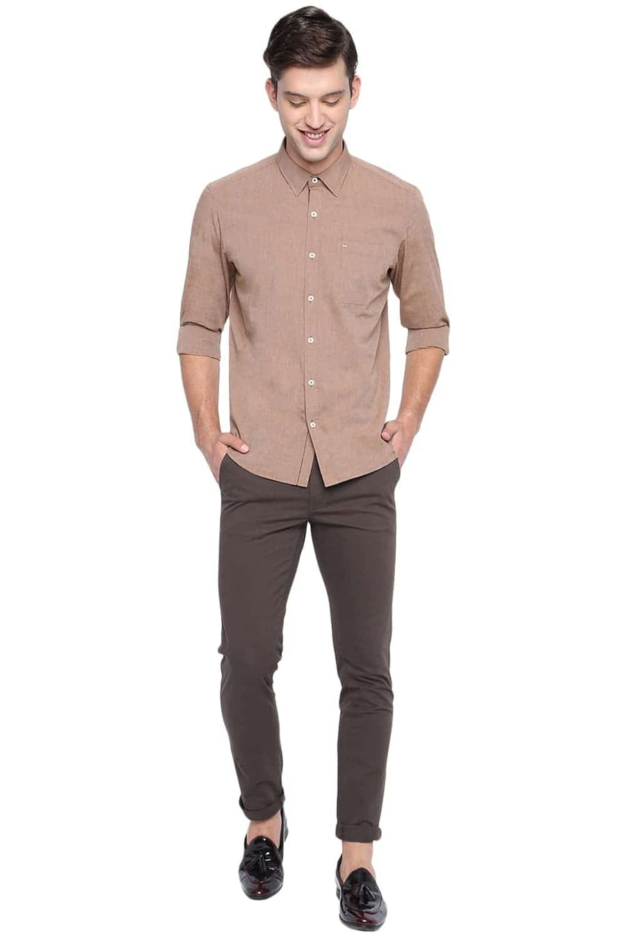BASICS SLIM FIT CHIPMUNK KHAKI FIL A FIL SHIRT