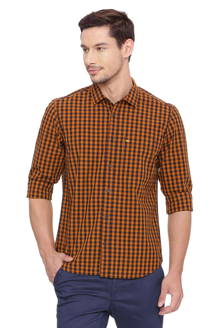 BASICS SLIM FIT MARMALADE ORANGE CHECKS SHIRT