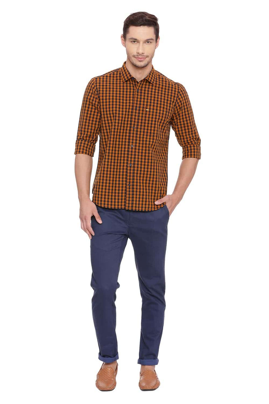 BASICS SLIM FIT MARMALADE ORANGE CHECKS SHIRT