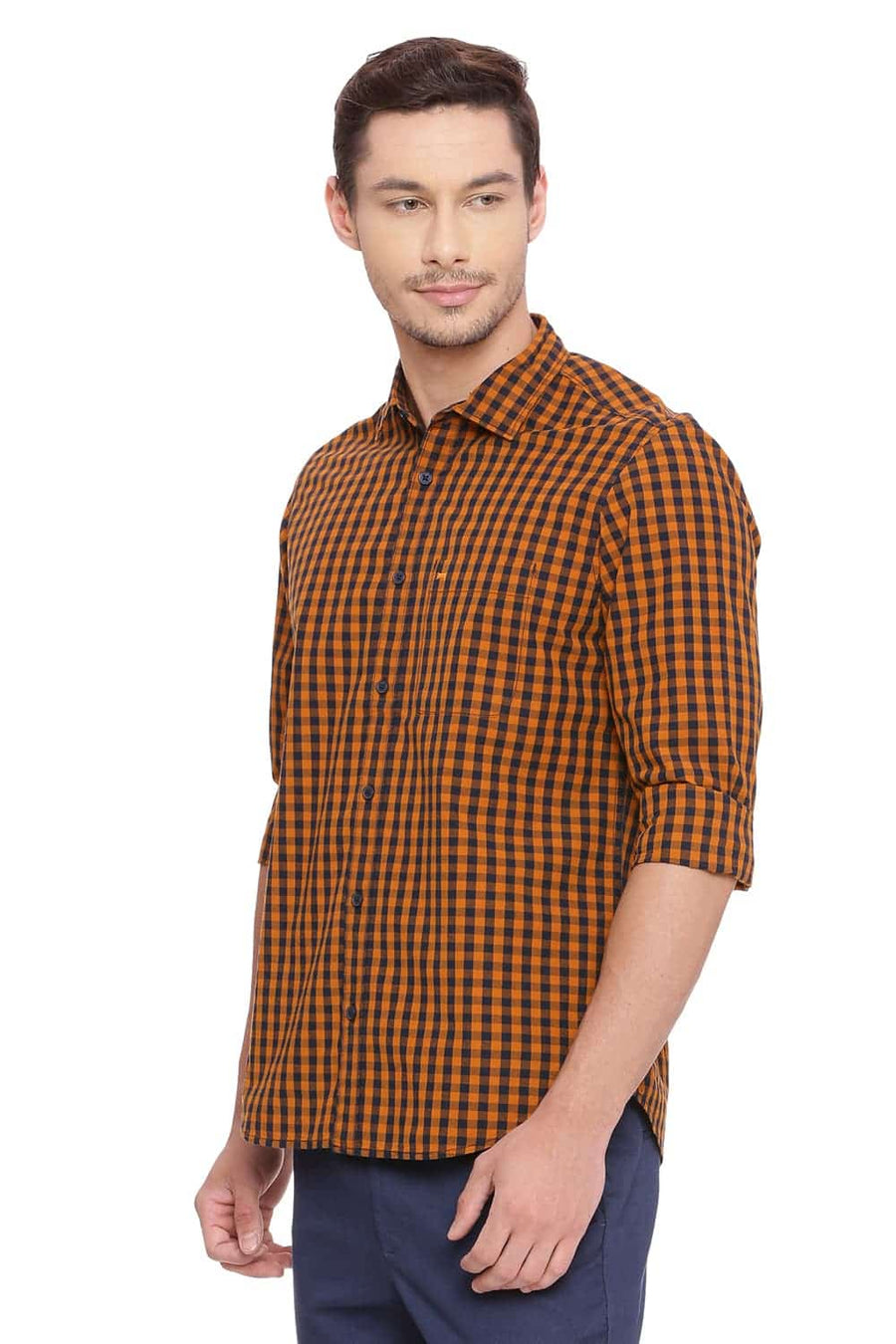BASICS SLIM FIT MARMALADE ORANGE CHECKS SHIRT