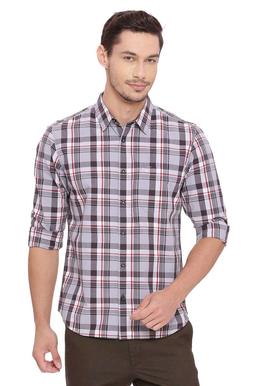 BASICS SLIM FIT TITANIUM GREY CHECKS SHIRT