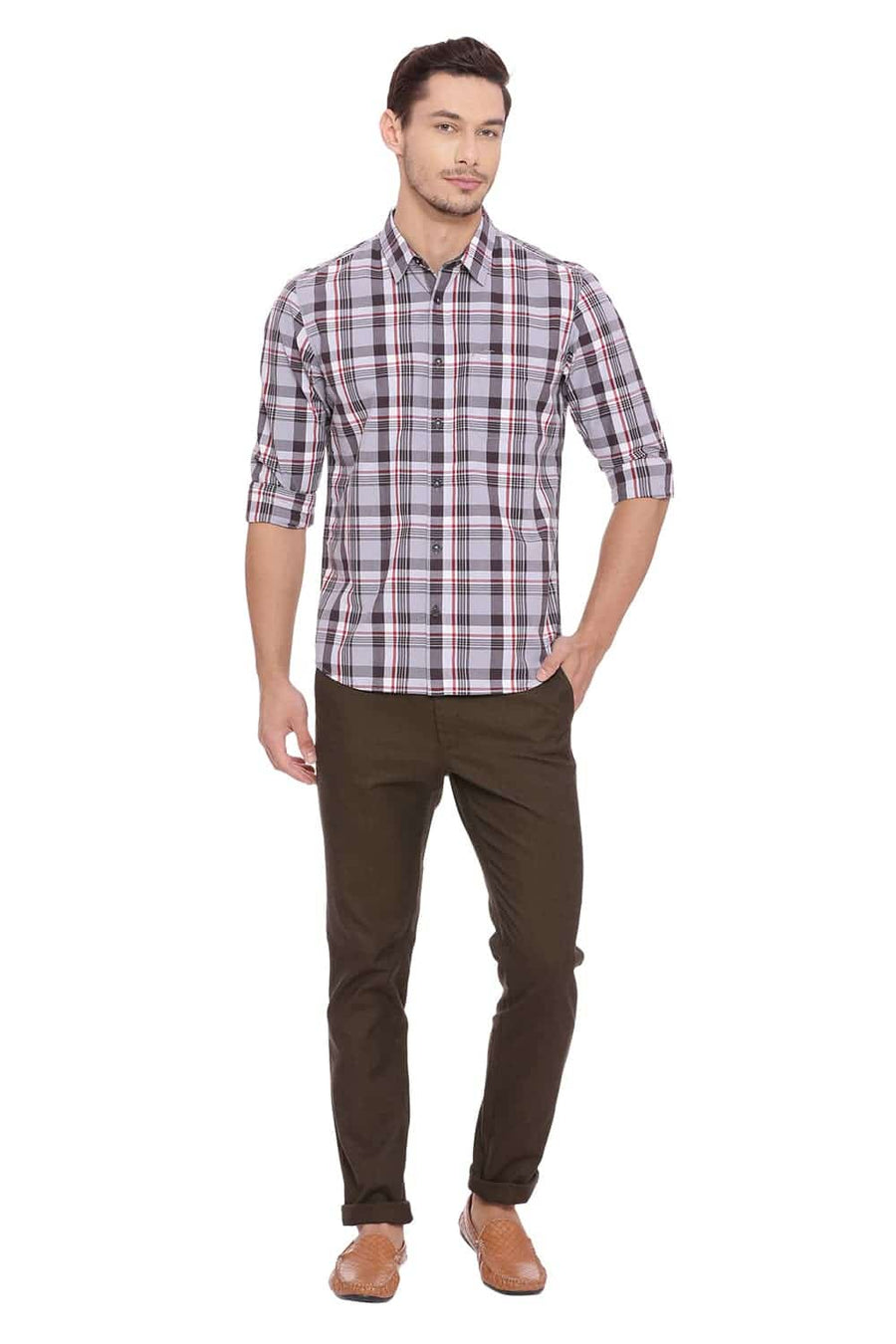 BASICS SLIM FIT TITANIUM GREY CHECKS SHIRT