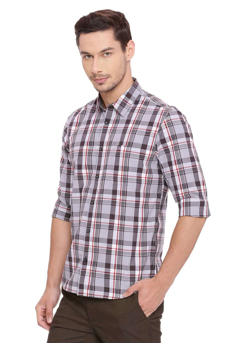 BASICS SLIM FIT TITANIUM GREY CHECKS SHIRT