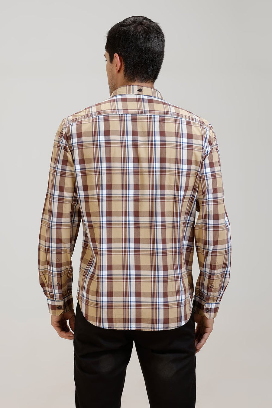 BASICS SLIM FIT TAN BROWN CHECKS SHIRT