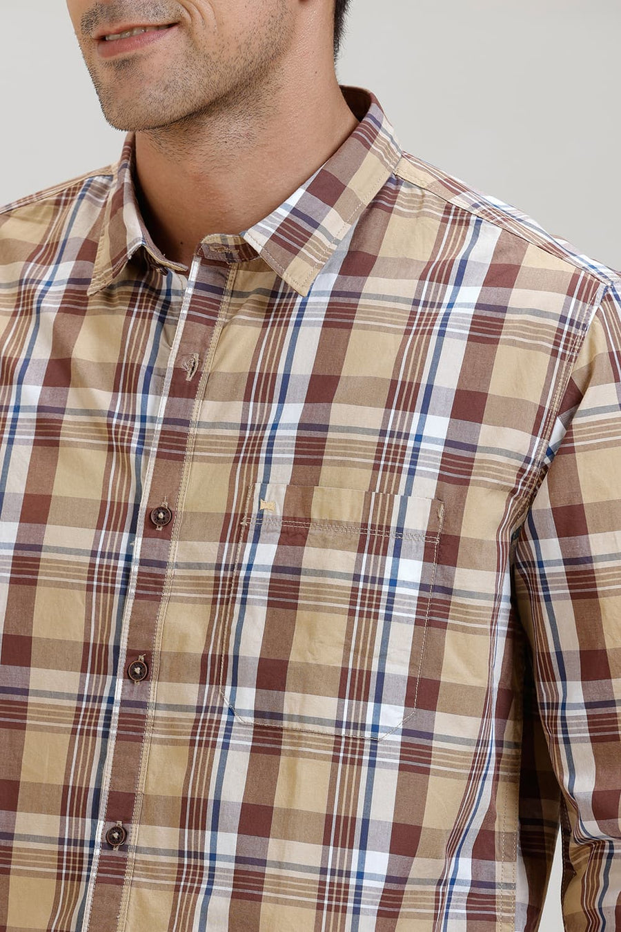 BASICS SLIM FIT TAN BROWN CHECKS SHIRT