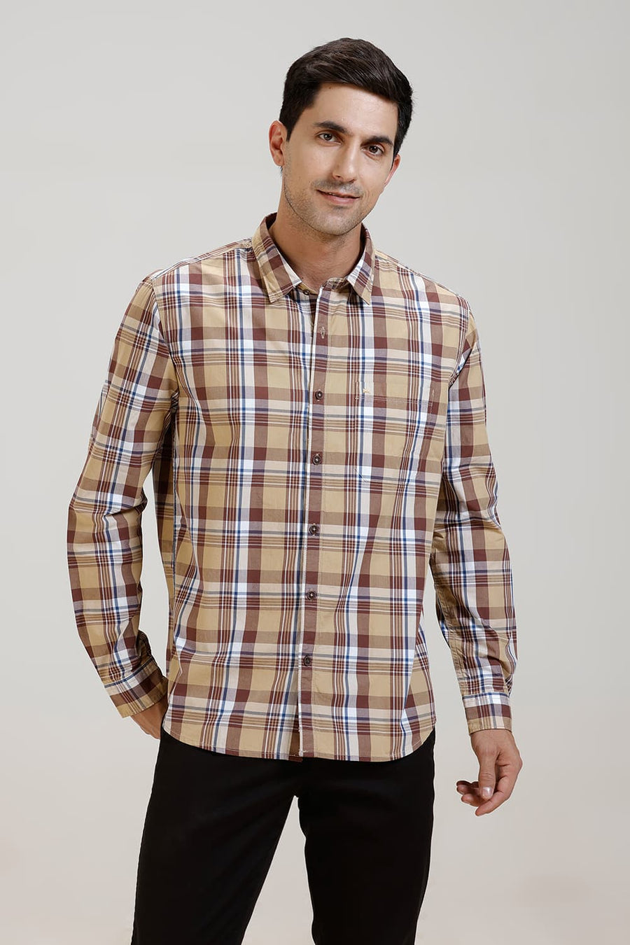 BASICS SLIM FIT TAN BROWN CHECKS SHIRT