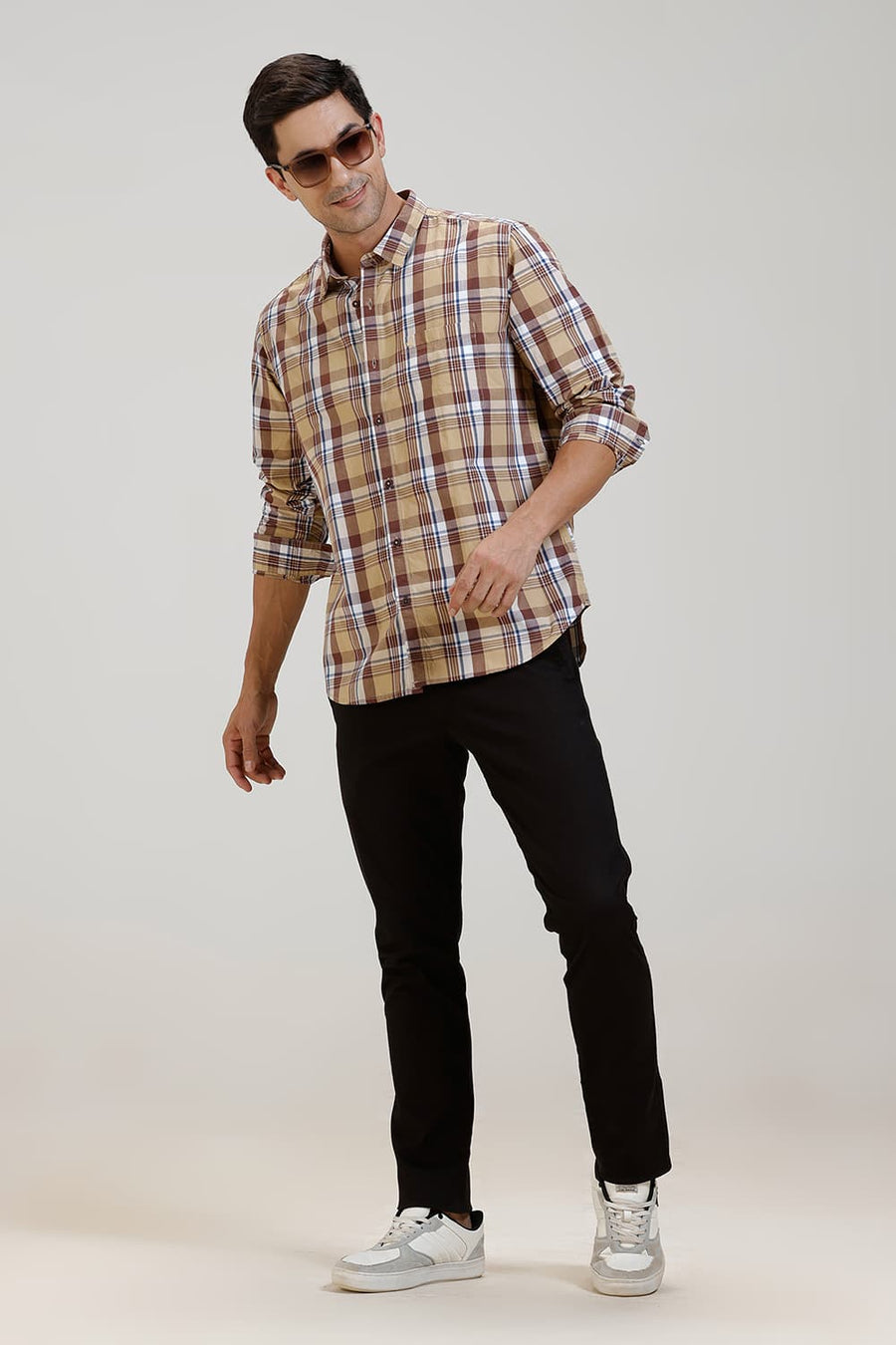 BASICS SLIM FIT TAN BROWN CHECKS SHIRT