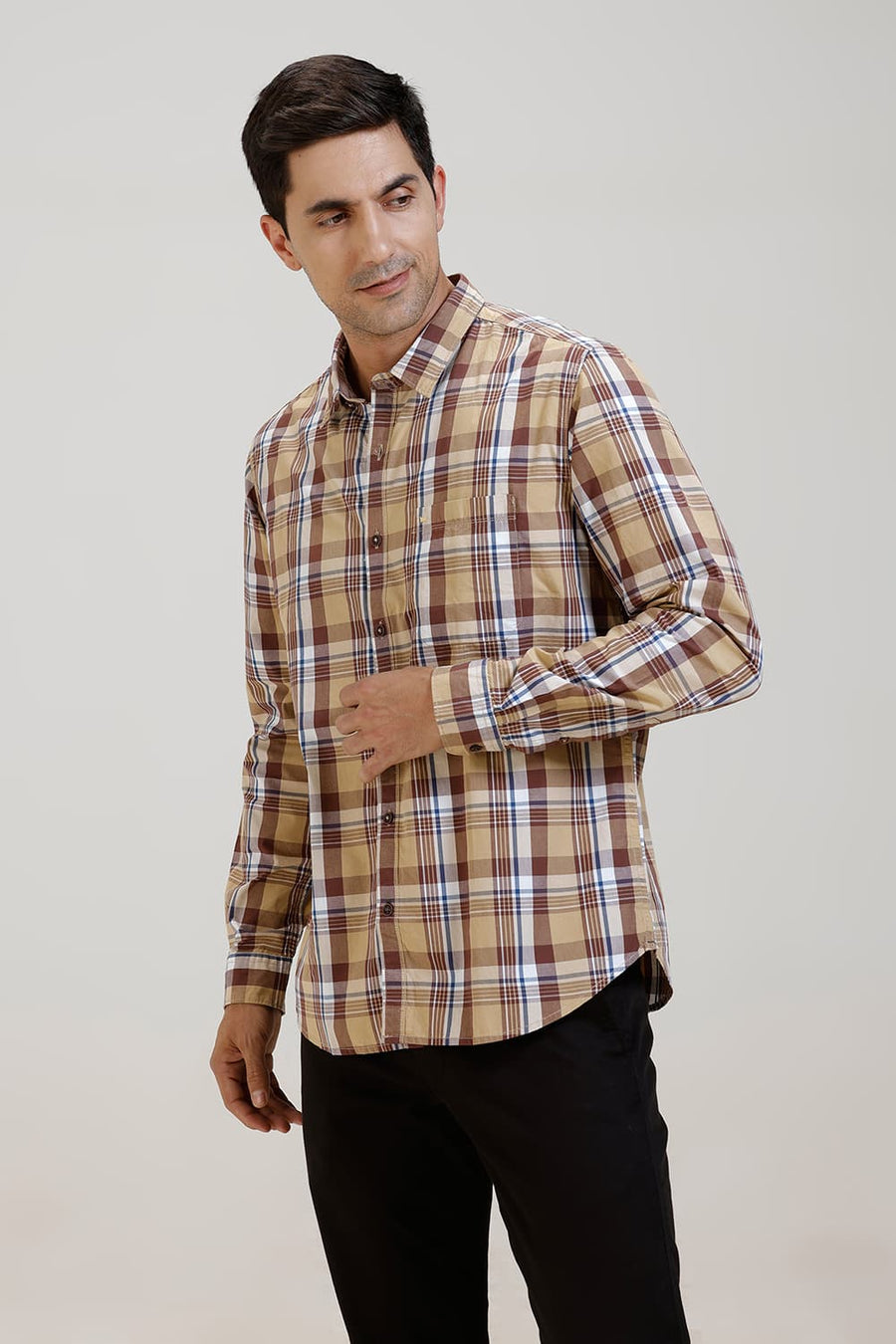 BASICS SLIM FIT TAN BROWN CHECKS SHIRT