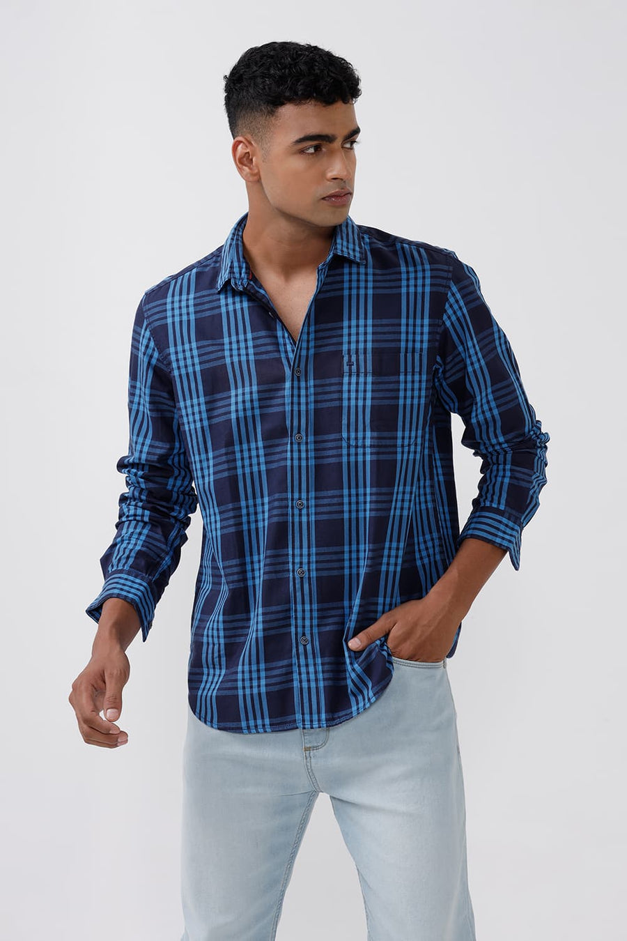 BASICS SLIM FIT ALASKAN BLUE CHECKS SHIRT