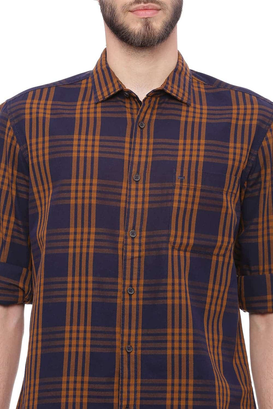 BASICS SLIM FIT BUCKTHORN KHAKI CHECKS SHIRT