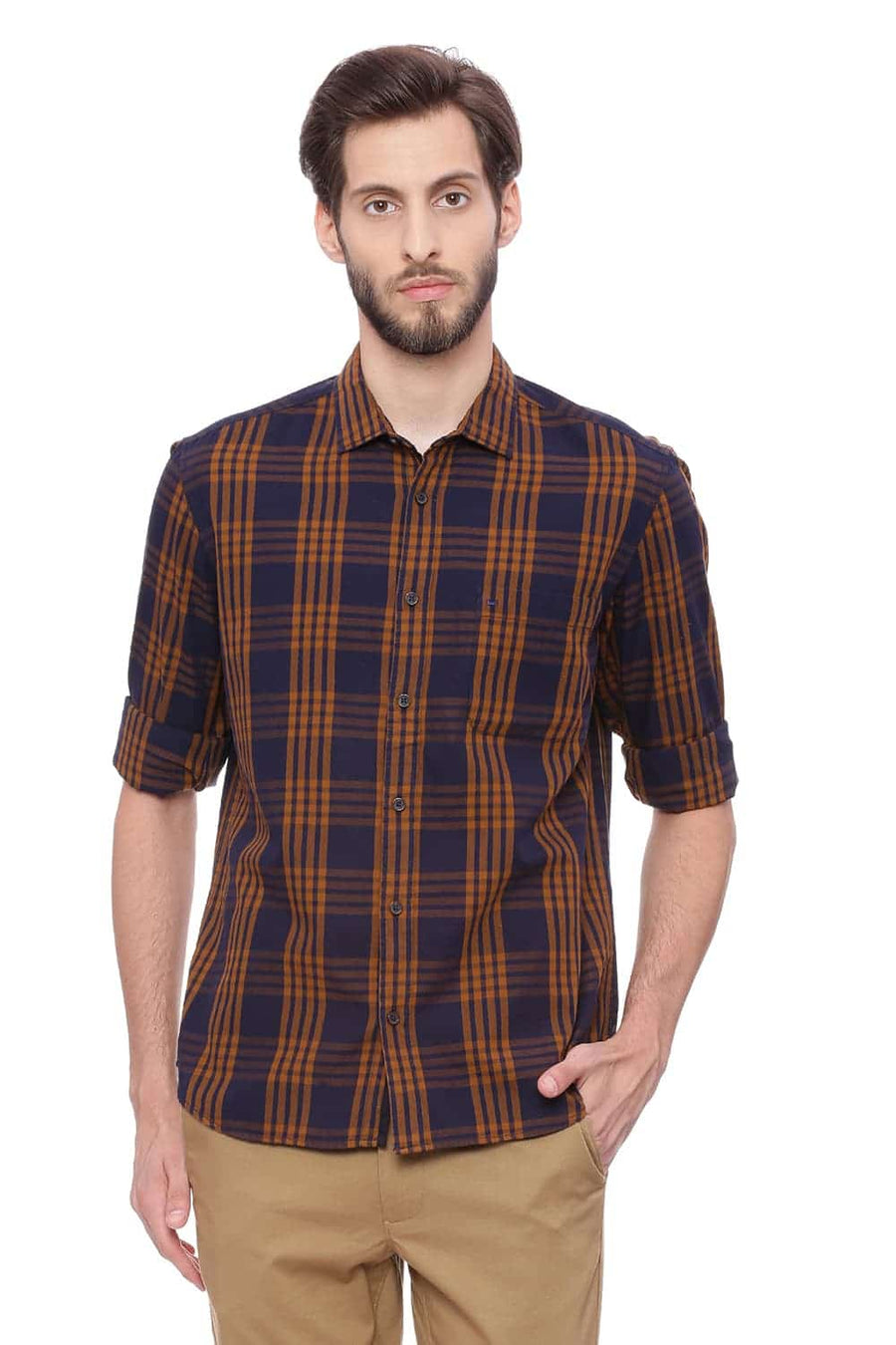 BASICS SLIM FIT BUCKTHORN KHAKI CHECKS SHIRT