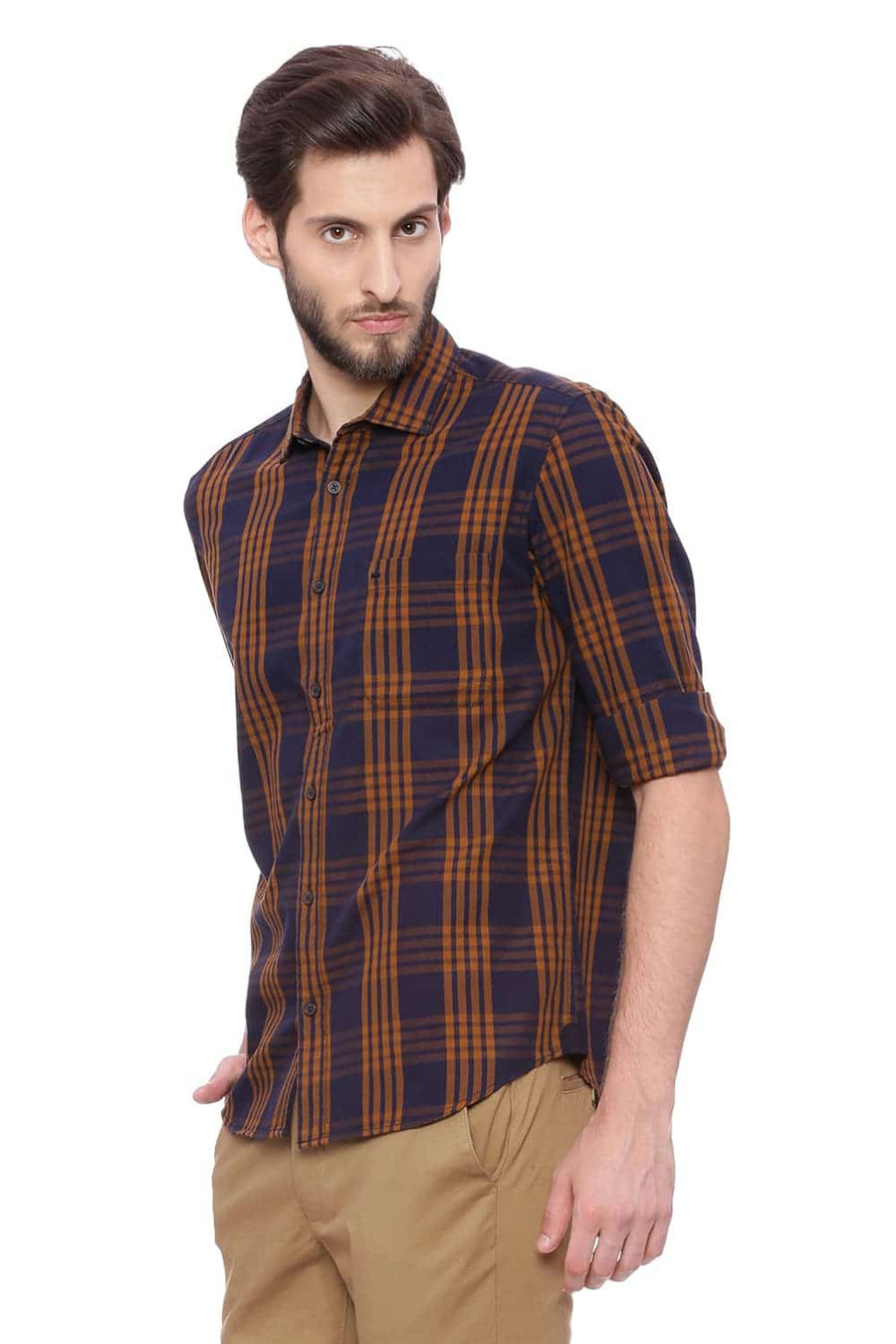 BASICS SLIM FIT BUCKTHORN KHAKI CHECKS SHIRT