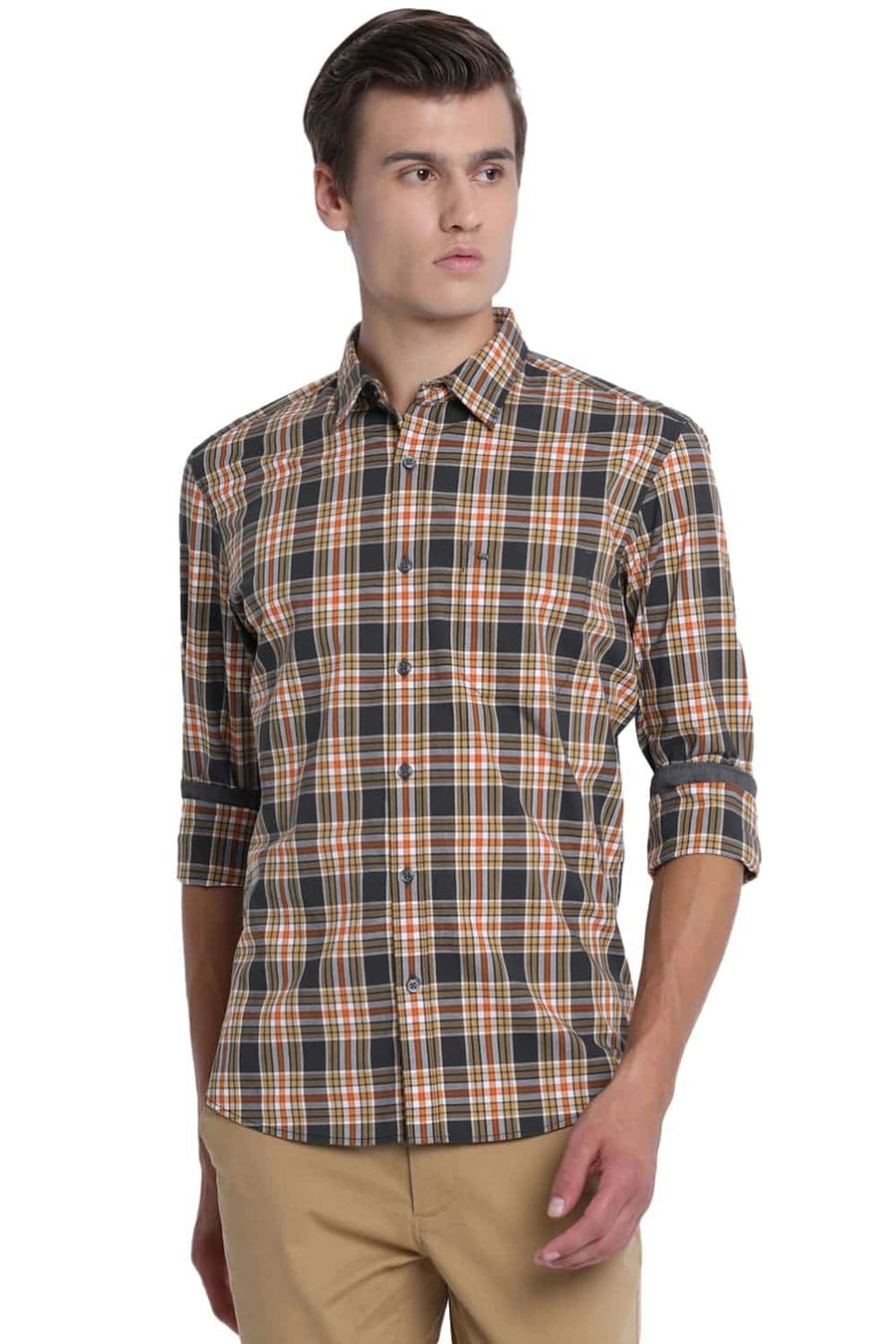 BASICS SLIM FIT GUNMETAL GREY CHECKS SHIRT