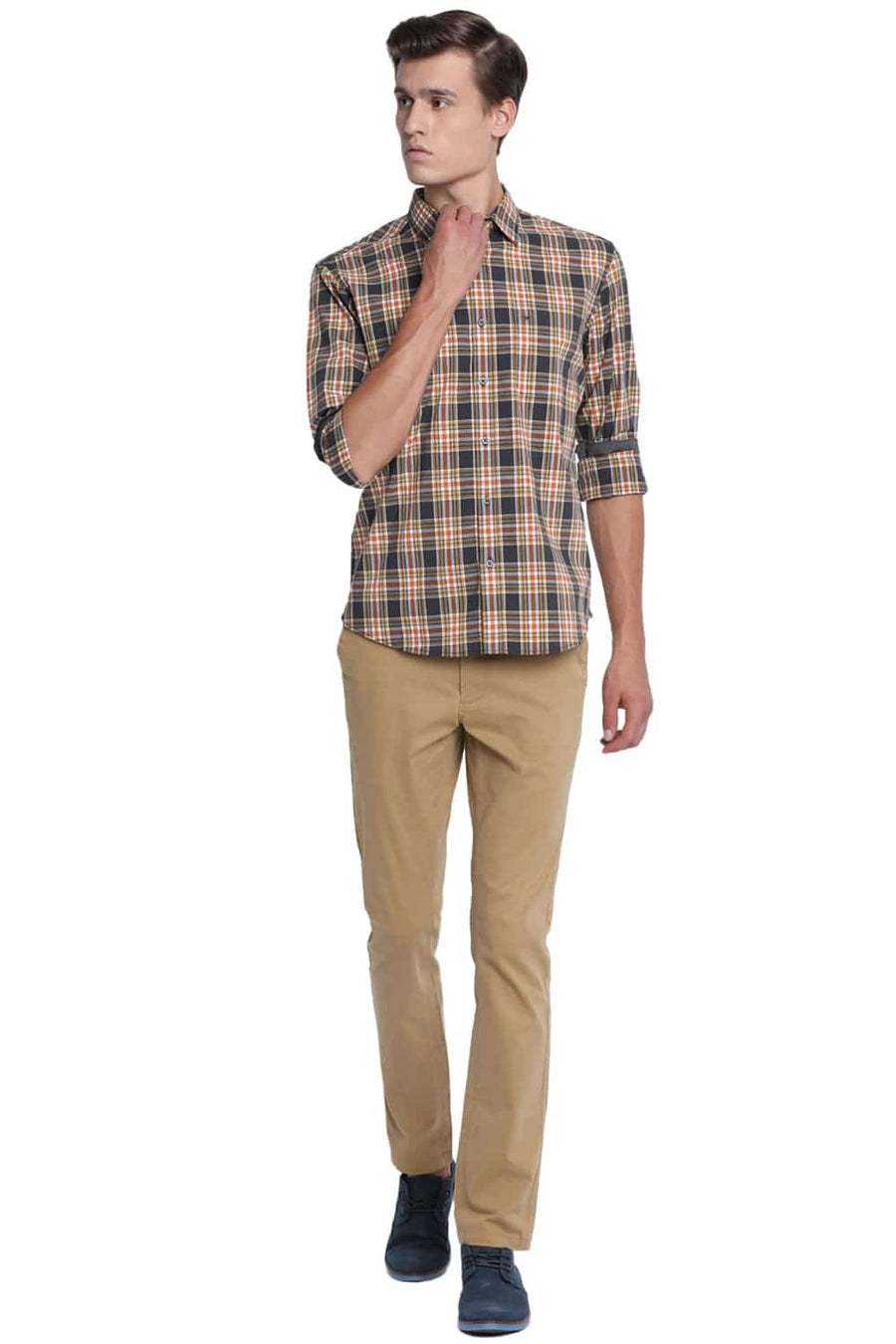 BASICS SLIM FIT GUNMETAL GREY CHECKS SHIRT