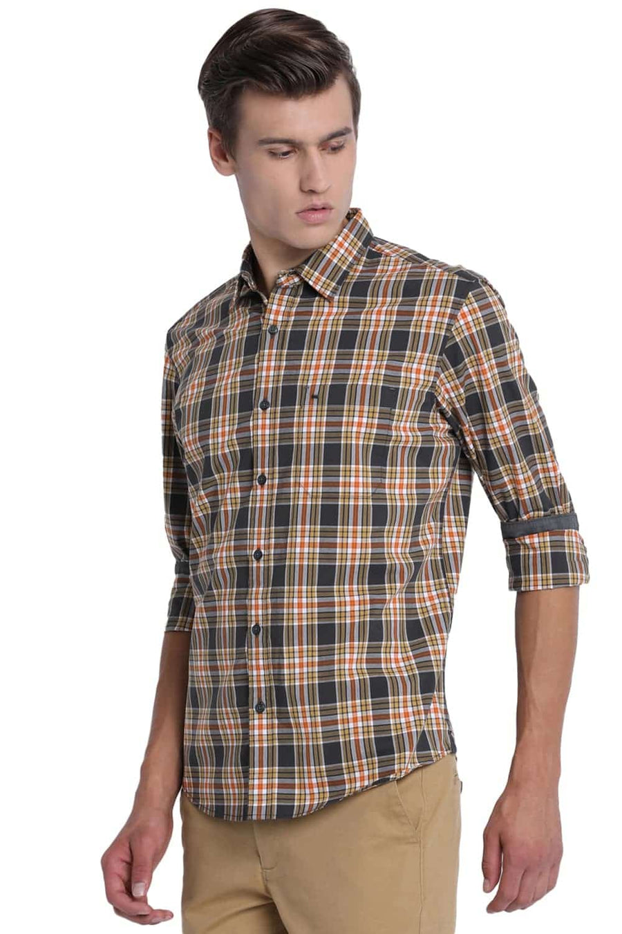 BASICS SLIM FIT GUNMETAL GREY CHECKS SHIRT