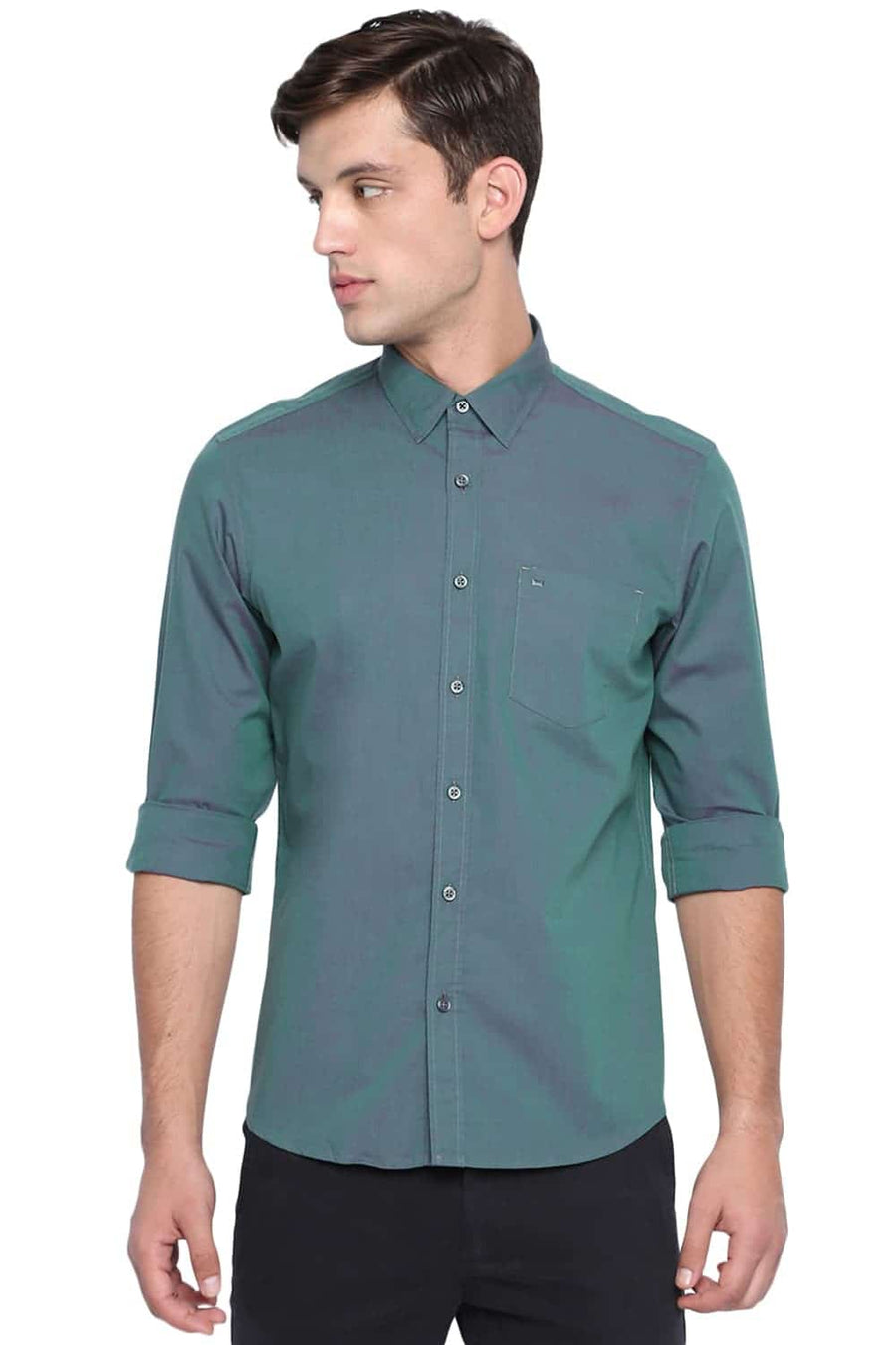 BASICS SLIM FIT CILANTRO GREEN CHAMBRAY SHIRT