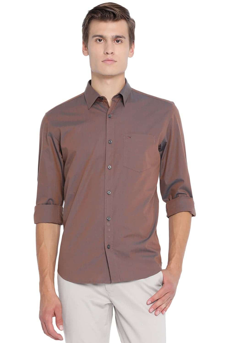 BASICS SLIM FIT CHOCOA BROWN CHAMBRAY SHIRT