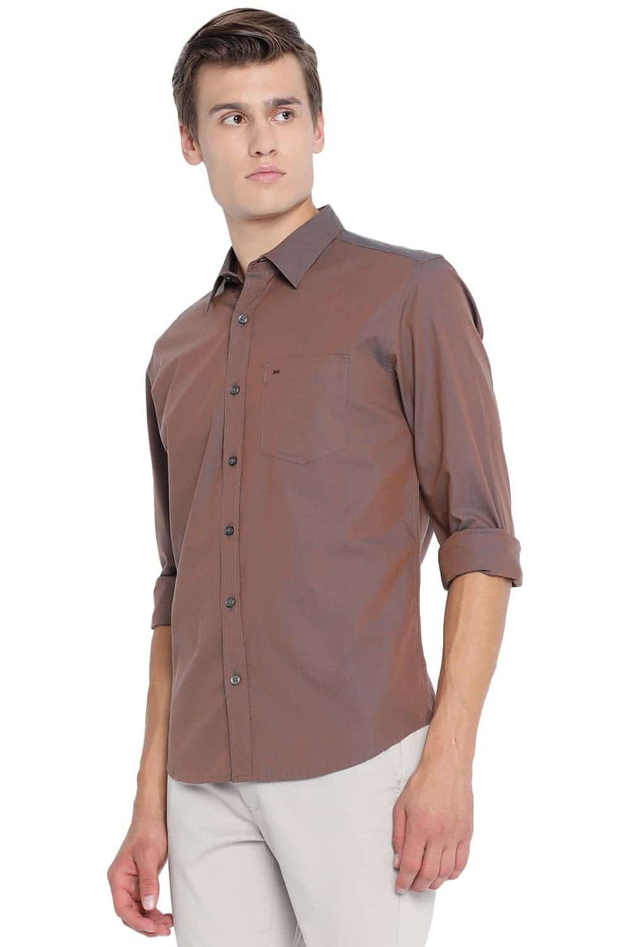 BASICS SLIM FIT CHOCOA BROWN CHAMBRAY SHIRT