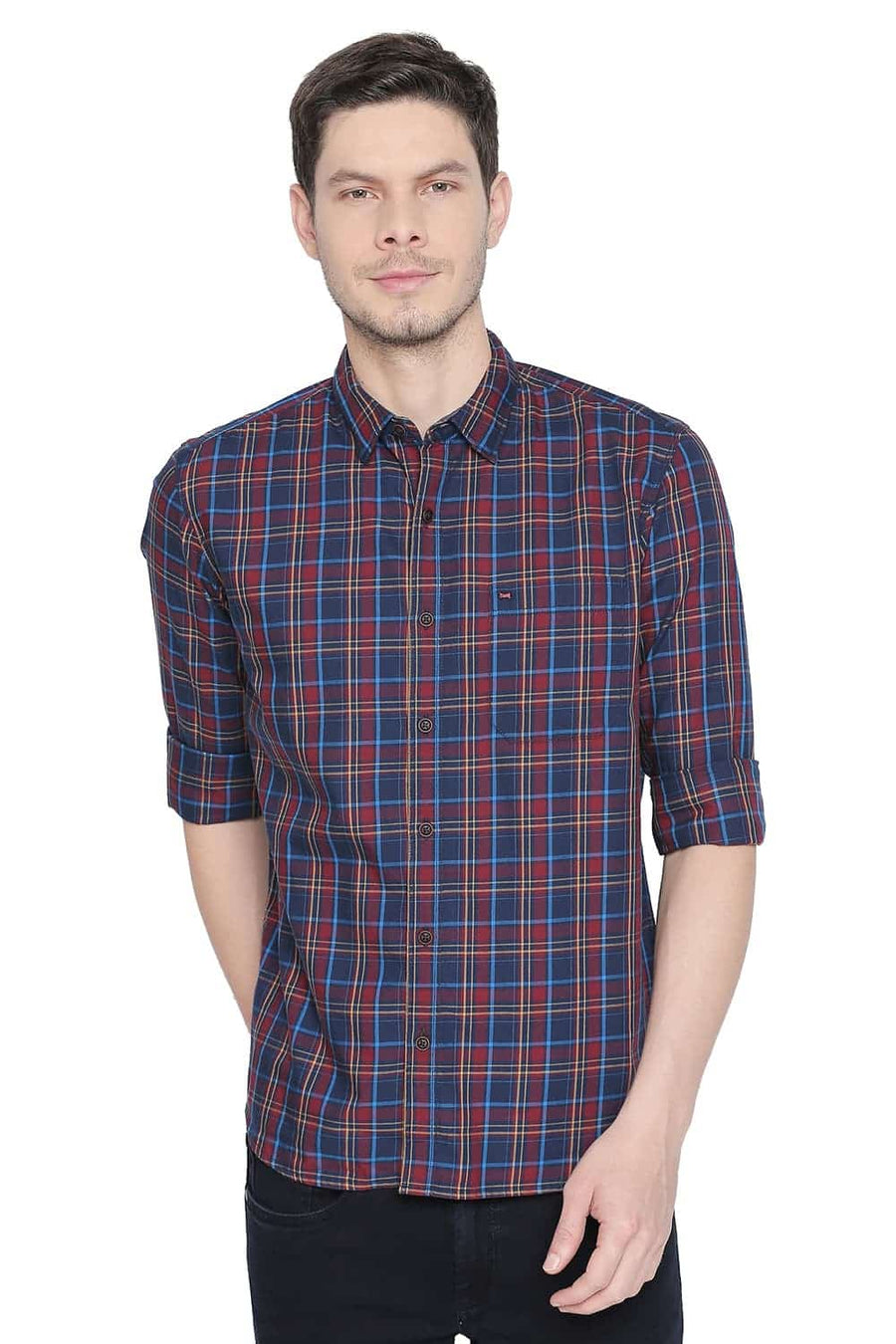 BASICS SLIM FIT CHILLI RED TWILL CHECKS SHIRT
